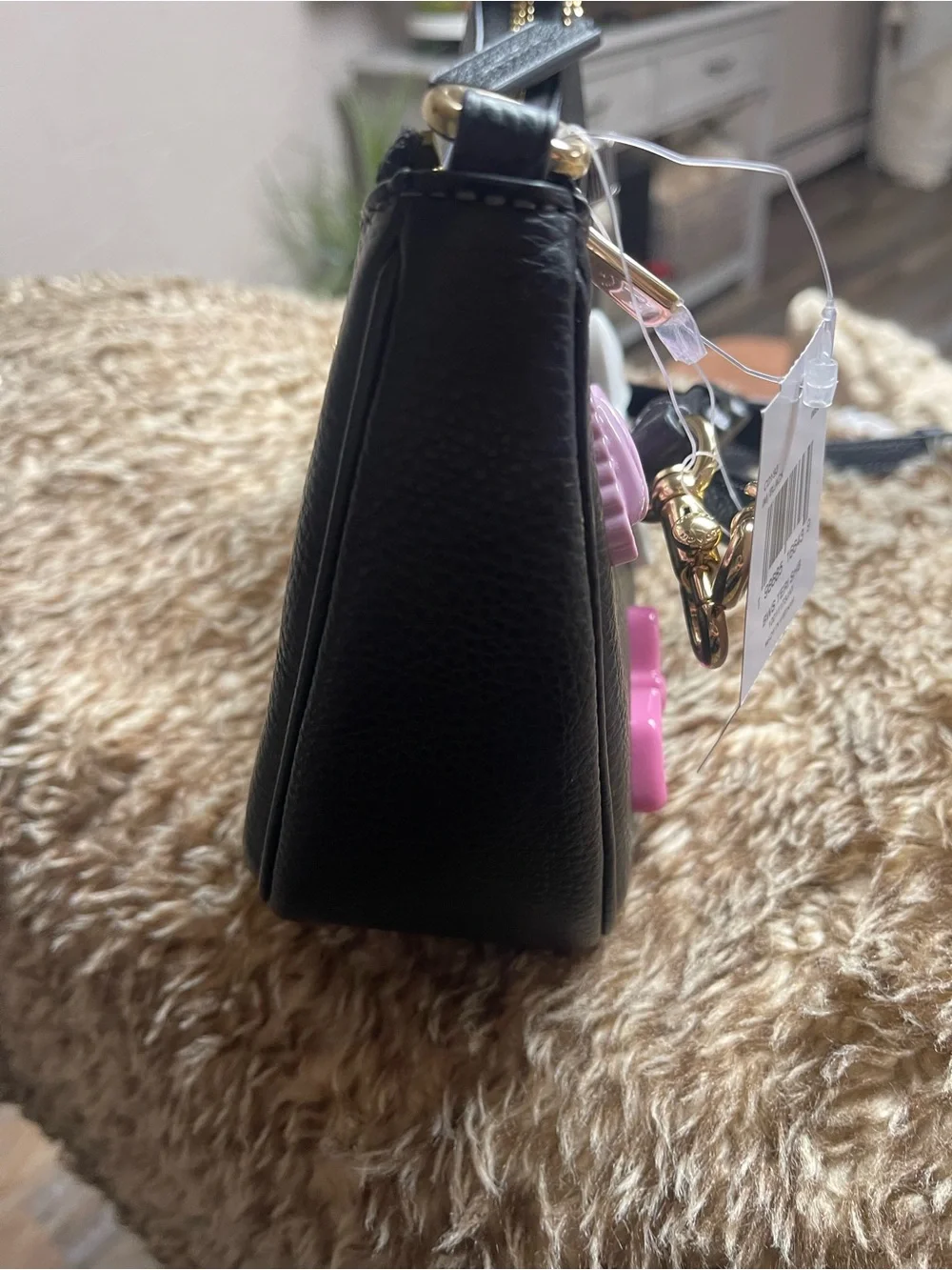 Coach Black Pebbled Leather Tag Charm with Gold-Tone Accent
